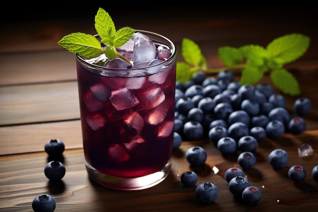 Blueberry ice tea in a glass jar with fresh blueberries