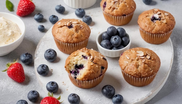 a blueberry muffin is on a white plate with blueberries and blueberries