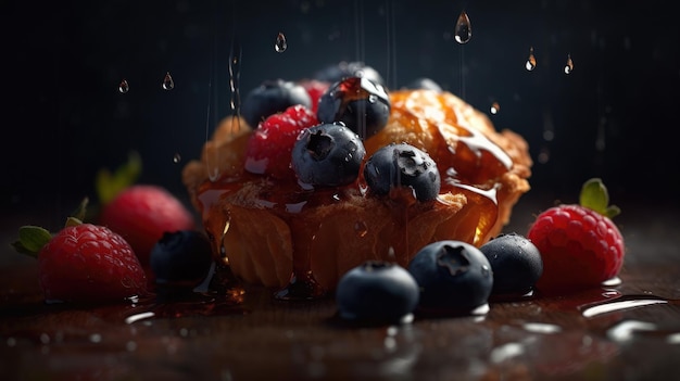 A blueberry muffin with a drop of water on the top