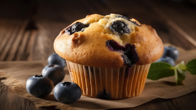 Blueberry muffins on a wooden table