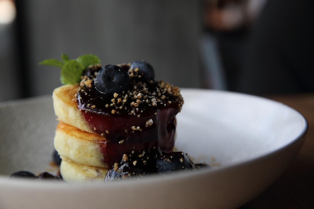 Blueberry pancake , Pancake topping with blueberries and icing dessert