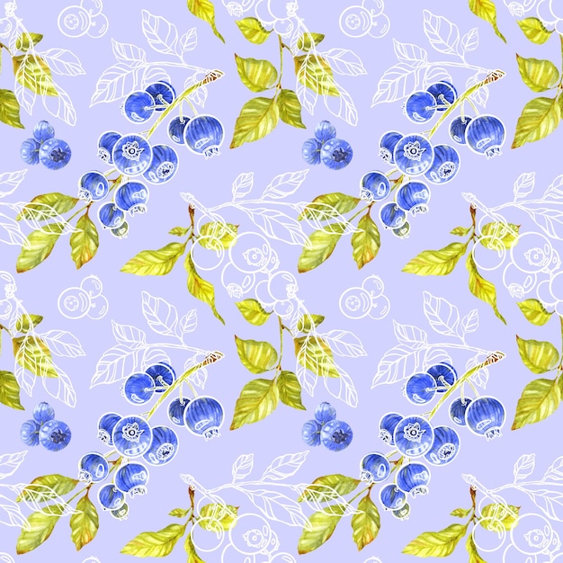 Blueberry pattern Green branches and ripe berries on light blue background Watercolor illustration