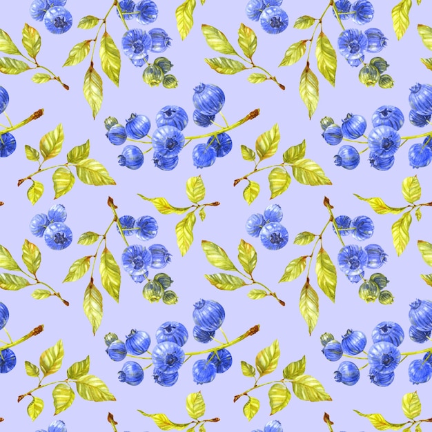 Blueberry pattern on light blue background Green branches and ripe berries Watercolor illustration