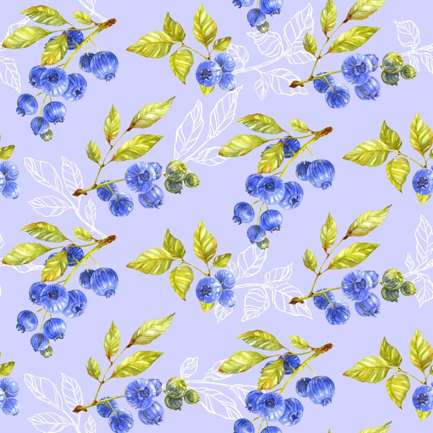 Blueberry pattern White outline leaves and berry branches on light blue background Watercolor