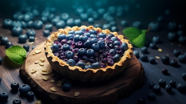 Blueberry pie on a wooden table with a blueberry pie on the table