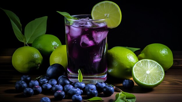 Blueberry purple cocktail drink with limes and blue