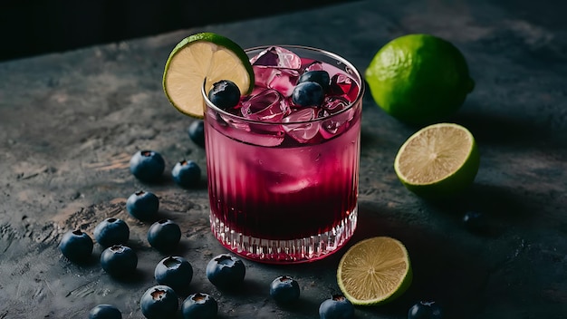 Blueberry purple cocktail drink with limes and blueberries scattered