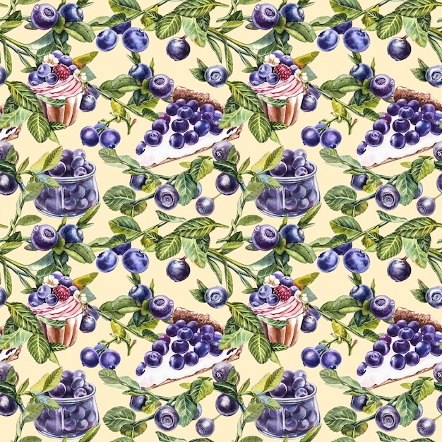 Blueberry. Seamless patterns. Watercolor botanical illustration. Hand drawn watercolor painting blueberry on white background.