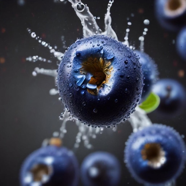 Photo a blueberry with water splashing in a glass