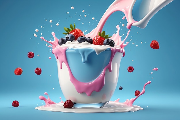 Blueberry yogurt ads delicious yogurt commercial with milk and fruit jam splashing together in 3d illustration