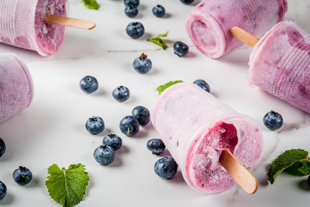 Blueberry and yogurt ice cream popsicles