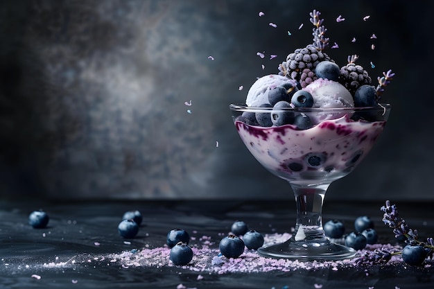 Photo blueberry yogurt ice cream with blackberries and lavender sprigs in a glass cup