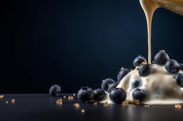 A blueberry yogurt is poured into a bowl.