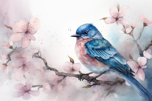 A bluebird perched on a tree branch and surrounded by a flurry of falling cherry blossom petals Generative AI AIG18