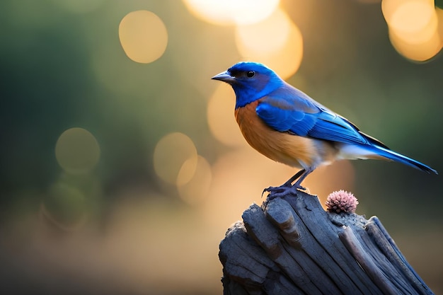 A bluebird sits on a piece of wood.