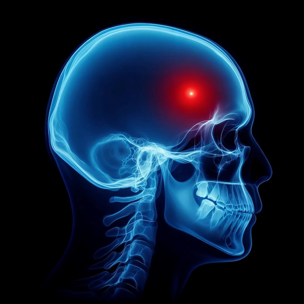 Photo a bluecolored xray of a skull with a blurred red light on one side of the skull