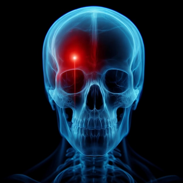 Photo a bluecolored xray of a skull with a blurred red light on one side of the skull