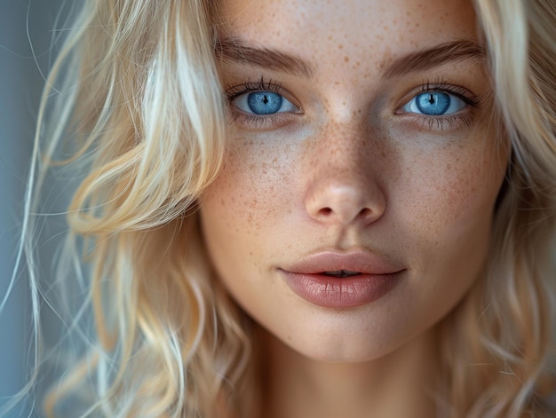 Photo blueeyed blonde woman with freckles portrait