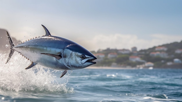 A bluefin tuna jumps out of the water.