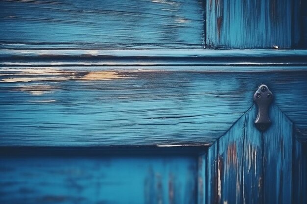 Bluepainted vintage wooden door with metal handle close up architecture detail abstract background