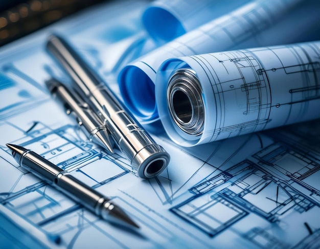 Photo blueprint and architectural design featuring symbols like technical drawings blueprints