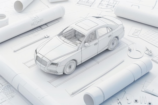 Photo blueprint of a car design surrounded by architectural plans and drafting tools detailed and precise engineering concept