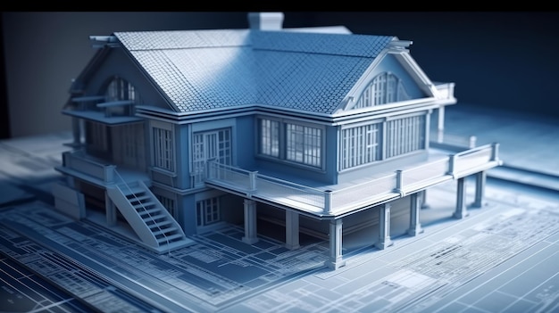 Blueprint designs and a home model for a construction project Background in real estate housing project building and engineering design plans for residential construction AI Generate