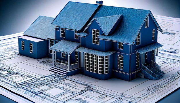 Blueprint designs and a home model for a construction project Background in real estate housing project building and engineering design plans for residential construction Generative AI