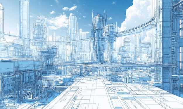 A blueprint of a futuristic city with interconnected