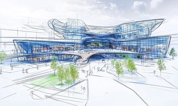 A blueprint of a futuristic shopping mall