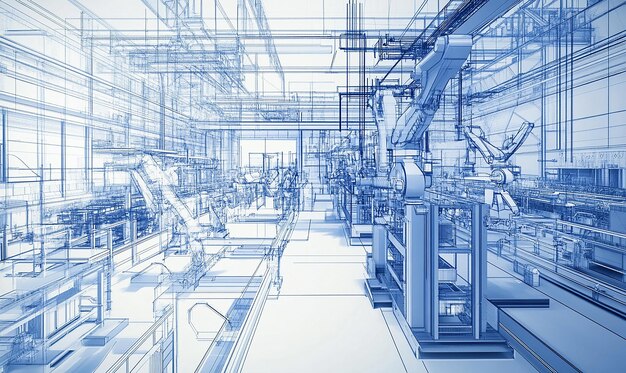 A blueprint of a hightech factory with robotic