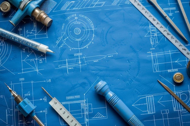 Blueprint icon set with intricate paper sketches a blue backdrop