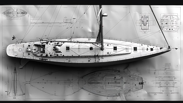 Blueprint of luxury sailing yacht deck layout sail configuration interior cabin design nautical