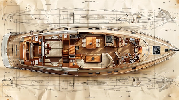 Blueprint of luxury sailing yacht deck layout sail configuration interior cabin design nautical