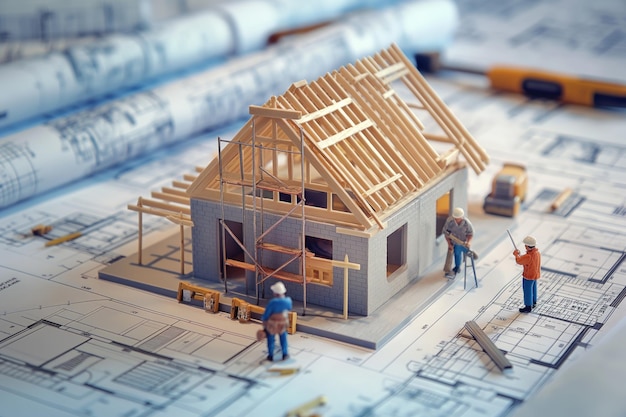 Photo blueprint of unfinished house construction project with worker inspecting building plans