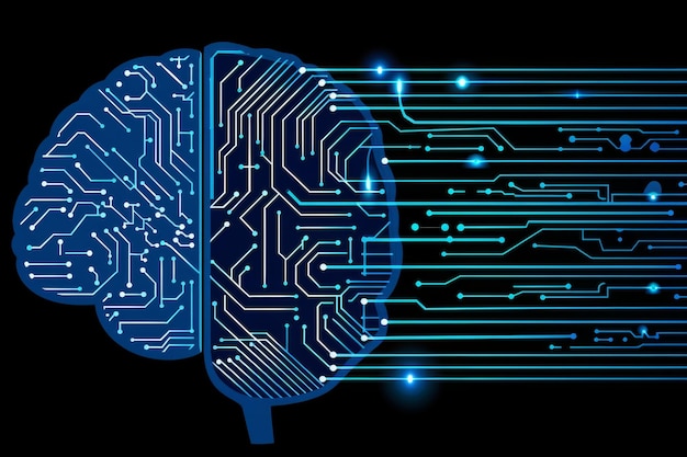 Photo blueprinted brain with circuit paths exemplifies the engineered precision of neural networks in ai