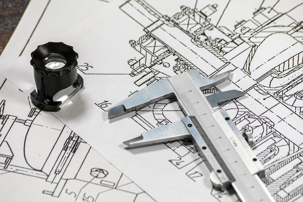 Blueprints on a wooden desk with a magnifying glass