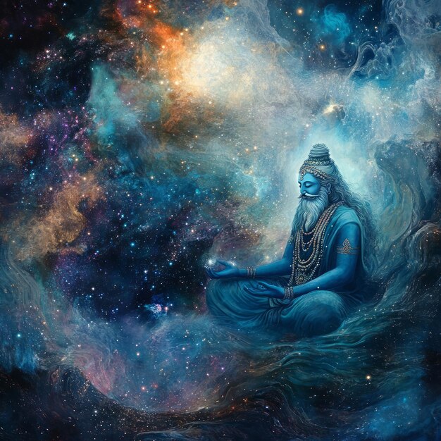 Photo a blueskinned deity meditating in a cosmic landscape surrounded by stars and nebulae