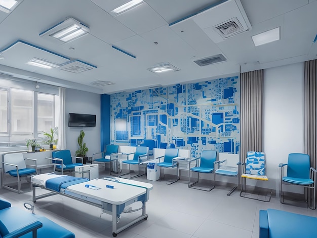 Bluethemed Waiting Room in a Modern Hospital 3d