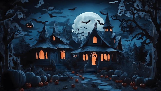 Bluetone layered cut out paper effect in Halloween night scene