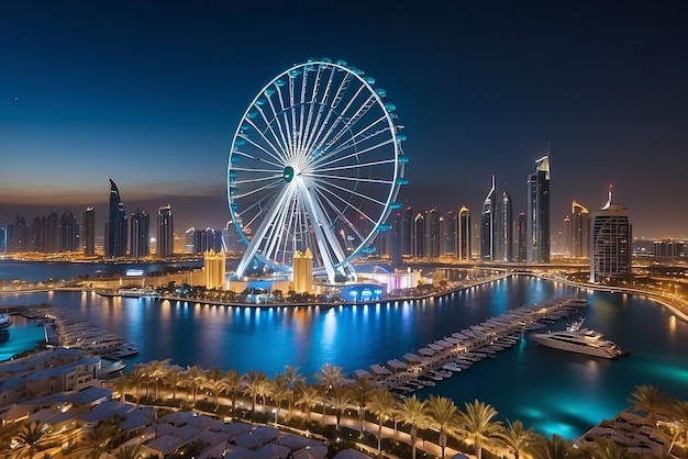 Photo bluewaters island and ain dubai ferris wheel on in dubai united arab emirates aerial view new leisure and residential area in dubai marina area