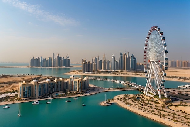 Photo bluewaters island and ain dubai ferris wheel on in dubai united arab emirates aerial view new leisure and residential area in dubai marina area