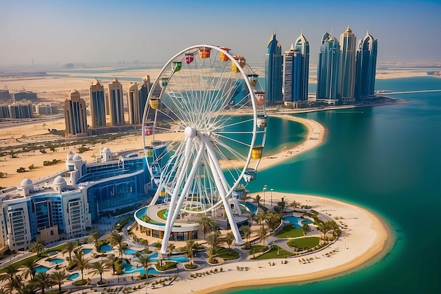 Bluewaters island and Ain Dubai ferris wheel on in Dubai United Arab Emirates aerial view New leisure and residential area in Dubai marina area