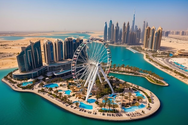 Bluewaters island and Ain Dubai ferris wheel on in Dubai United Arab Emirates aerial view New leisure and residential area in Dubai marina area