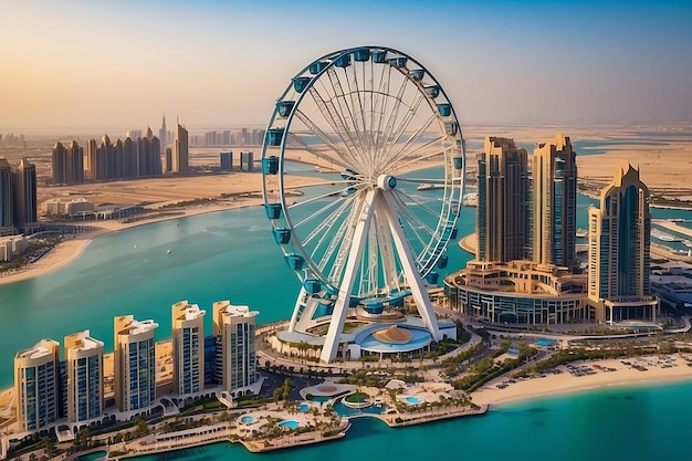 Bluewaters island and Ain Dubai ferris wheel on in Dubai United Arab Emirates aerial view New leisure and residential area in Dubai marina area