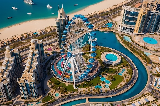 Photo bluewaters island and ain dubai ferris wheel on in dubai united arab emirates aerial view new leisure and residential area in dubai marina area