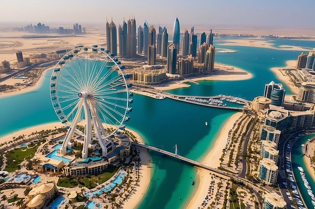 Bluewaters island and Ain Dubai ferris wheel on in Dubai United Arab Emirates aerial view New leisure and residential area in Dubai marina area