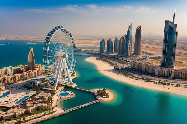 Bluewaters island and Ain Dubai ferris wheel on in Dubai United Arab Emirates aerial view New leisure and residential area in Dubai marina area