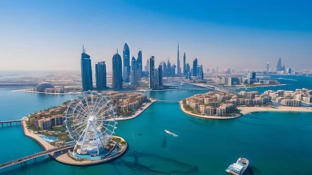 Bluewaters Island with the Iconic Ain Dubai Ferris Wheel in Dubai United Arab Emirates aerial view