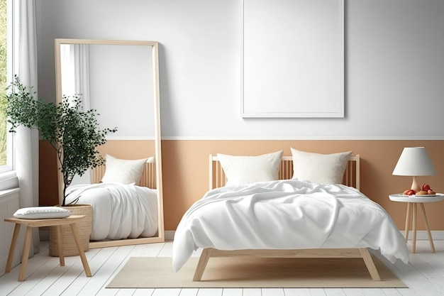 Blur background frame mockup template double bed with duvet and pillows wardrobe carpet mirror